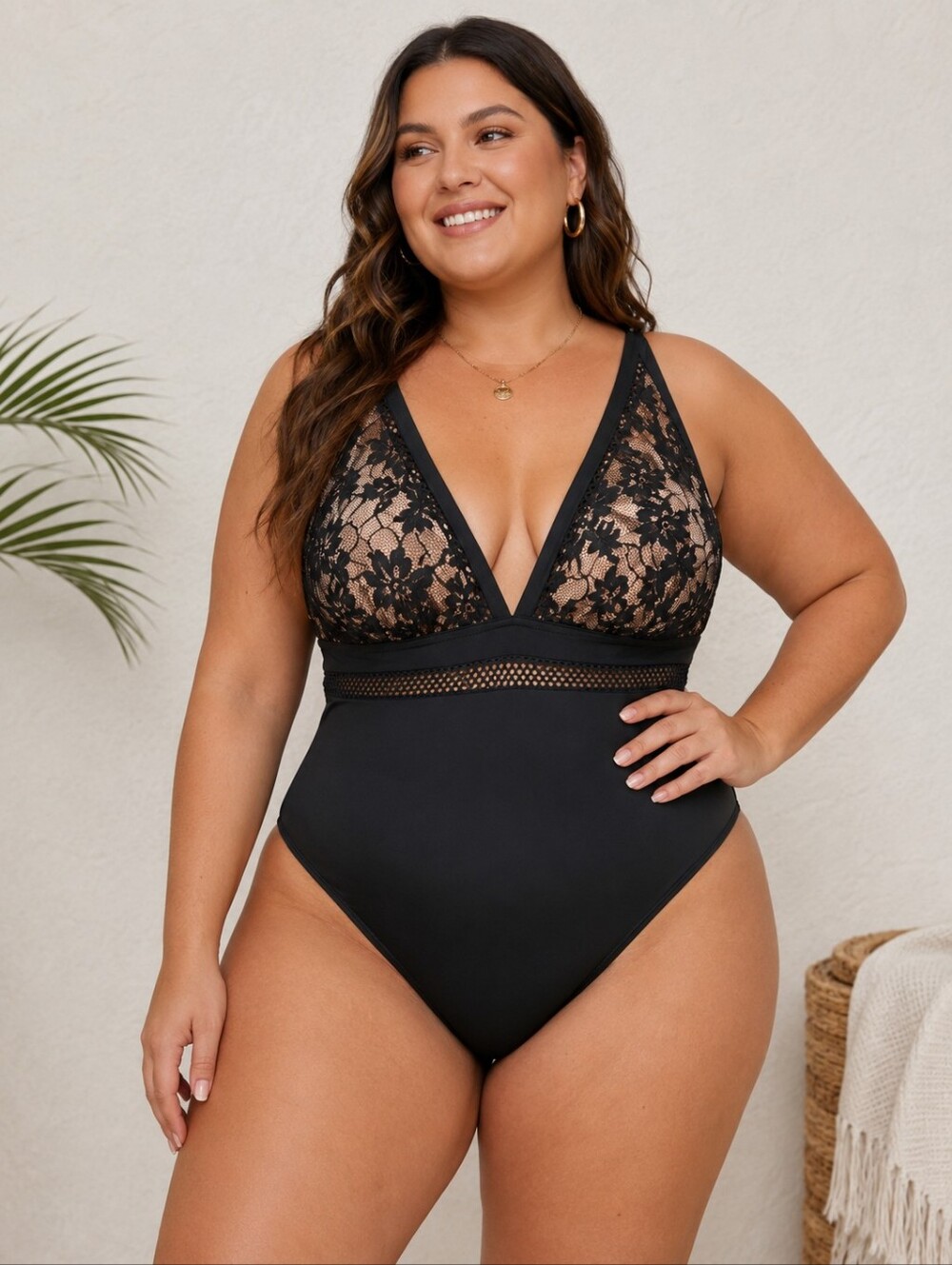 One‎ Piece 3XL  Black Swimsuit Floral Lace Halter Tie Back Bathing Suit